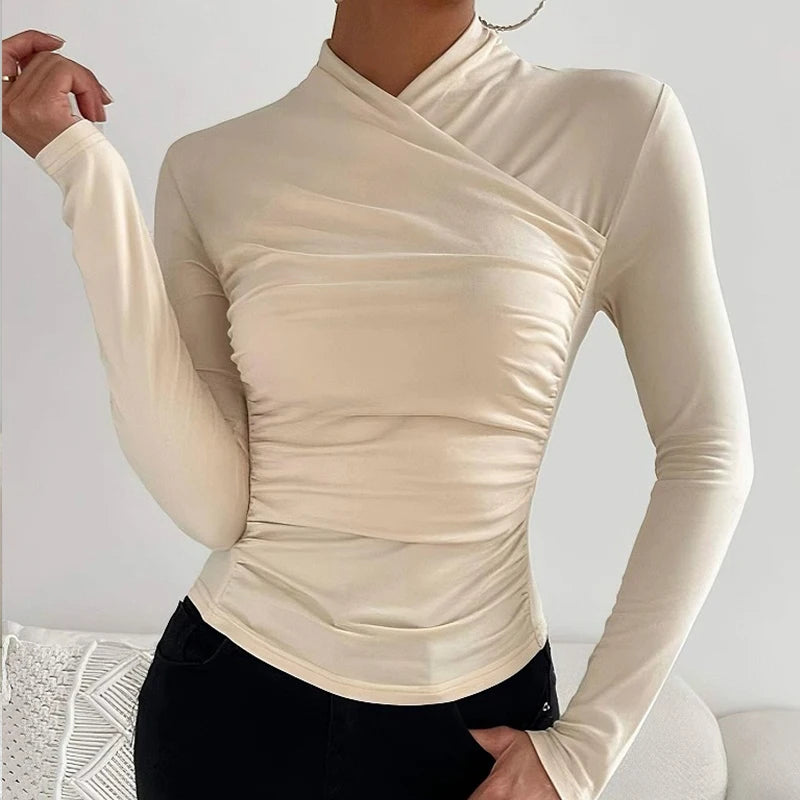 Sexy Elegant Fall Winter Long Sleeve Cross Pleated Pullover Women's Modal Solid Color Irregular Tops Street Daily Versatile Tees