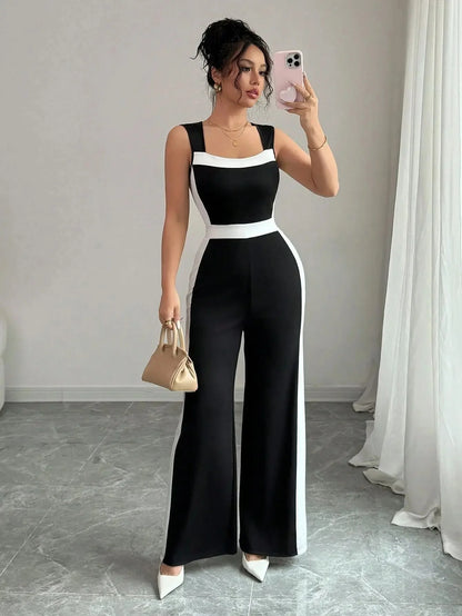 Elegant Color Block Wide Leg Jumpsuit Sleeveless Women's Spring Summer Vacation Style Cross-Border Fashion Ladies' Outfit.