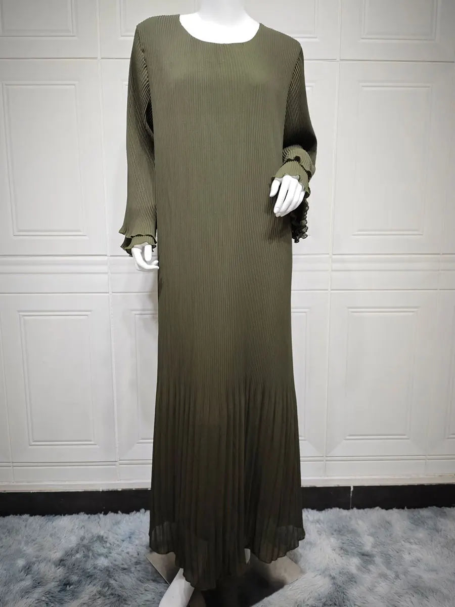 Siskakia Ramadan-Muslim Solid Wrinkle Dresses For Women's Dubai  Moroccan Petal Sleeve Abayas O-Neck Elegant Kebaya 2024