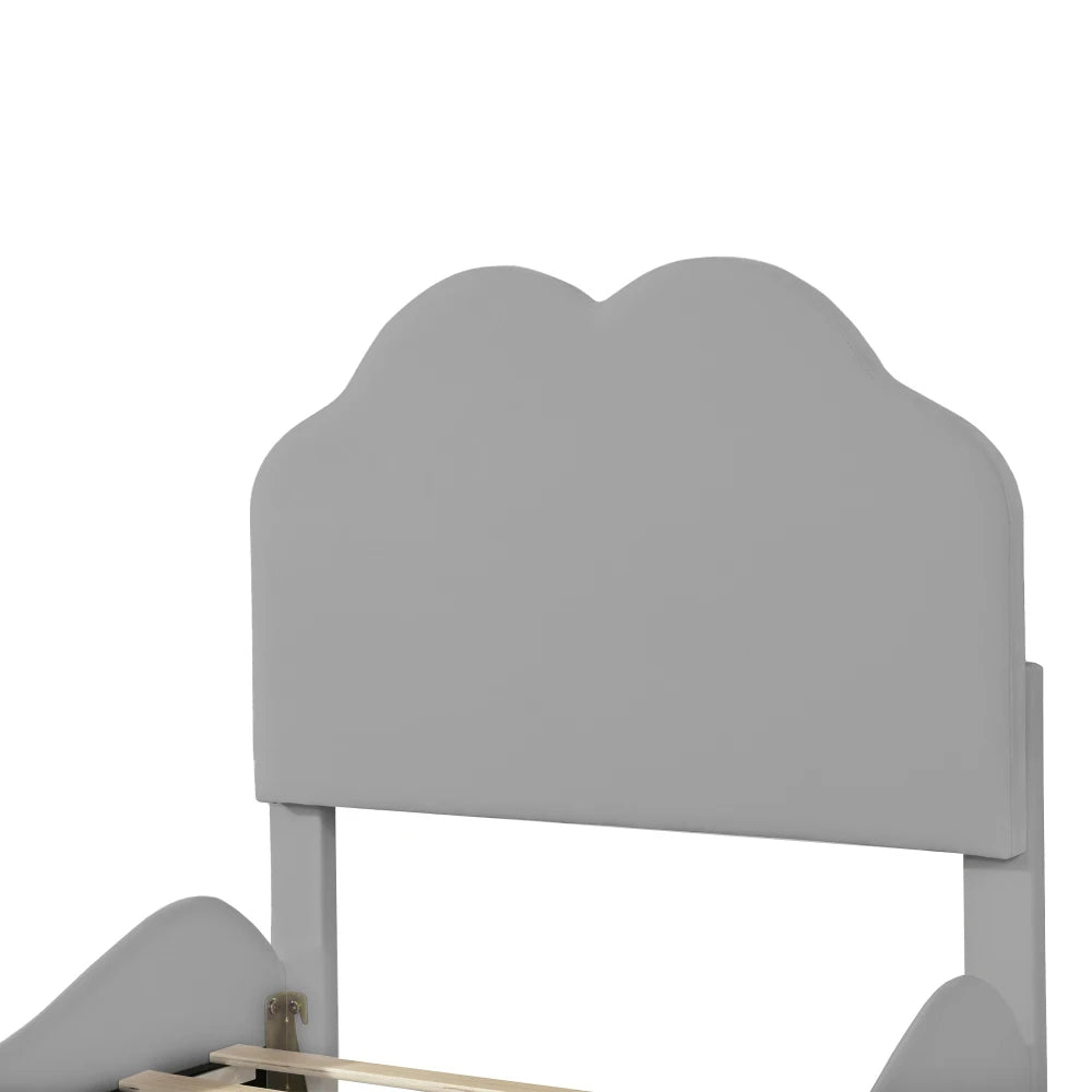 Kinderbett 90 x 200 cm hohes Geländer, Kinderbettgestell mit wolkenförmigem Kopf und Fußteil, Bett aus hautfreundlichem Samt
