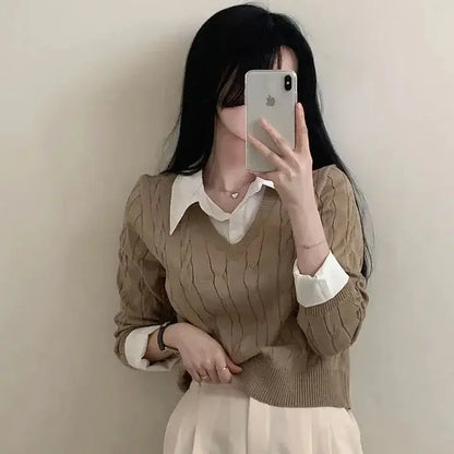 Mode Winter Gestrickte Pullover Frauen Casual V-ausschnitt Pullover Alle-spiel Weibliche Kleidung Lose Gefälschte Zwei Artikel Kurze Tops Jumper.