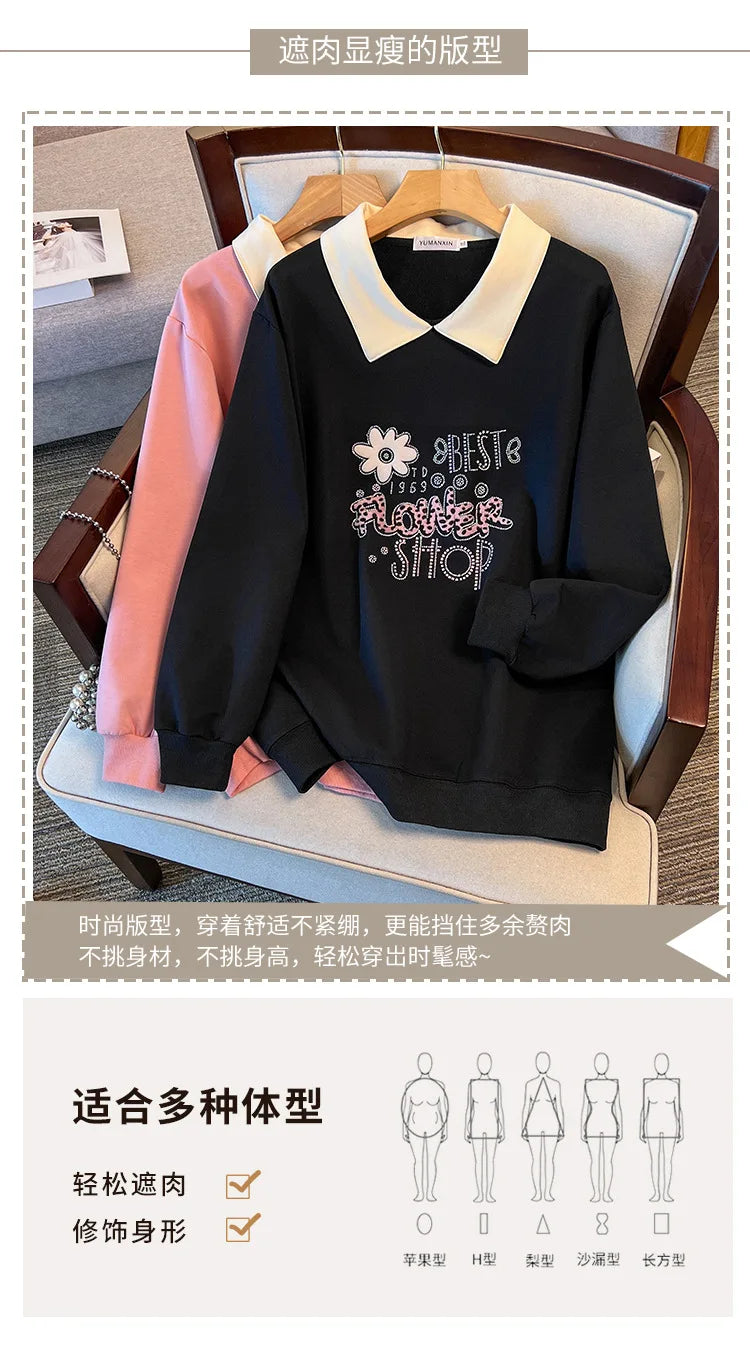 175kg plus size Damen büste Frühling Herbst lose Kragen bedruckt Langarm Sweatshirt schwarz rosa 4xl 5xl 6xl 7xl 8xl 9xl.