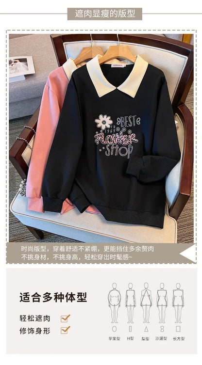 175kg plus size Damen büste Frühling Herbst lose Kragen bedruckt Langarm Sweatshirt schwarz rosa 4xl 5xl 6xl 7xl 8xl 9xl.