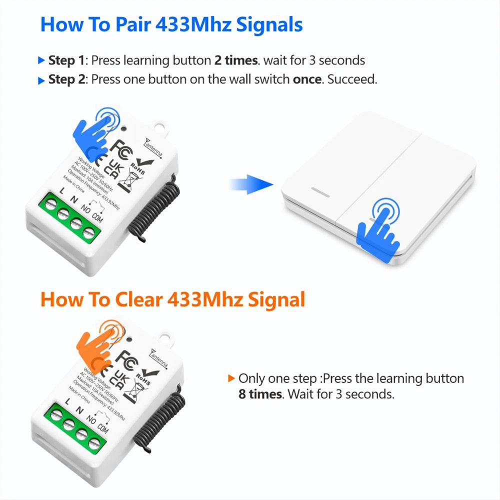 433 MHz intelligenter Lichtschalter AC 110 V 220 V Empfänger und 1/2/3 Gang 86 kabelloser Drucktastenschalter, Übertragung 50 m für Heimwerker.