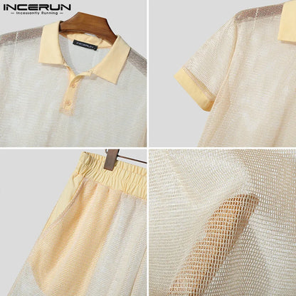 Men Short Sets Fashion Hollow Out INCERUN Two-piece Suits  Men's Sets Streetwear Short Sleeve Tops Shorts Men's Clothing Summer.