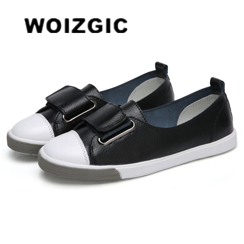 WOIZGIC Women Ladies Female Student Genuine Leather Casual Shoes White Flats Korean Vulcanized Shoes Spring 35-41 DF-YC259.