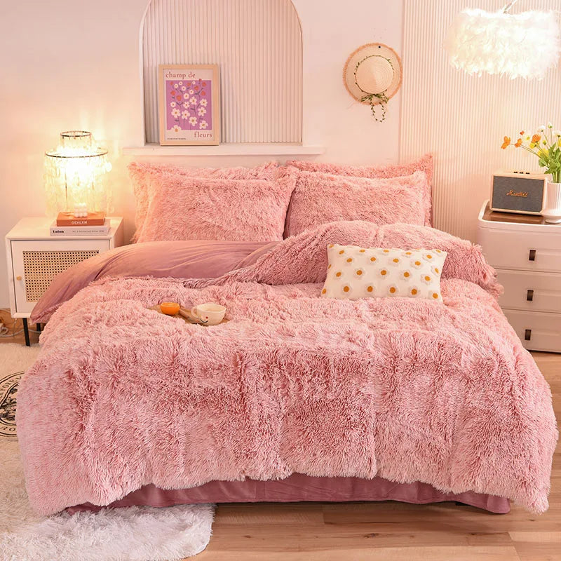 3Pcs Super Shaggy Coral Fleece Warm Cozy Princess Bedding Set Mink Velvet Duvet Cover Set Bed Comforter Cover Blanket Pillowcase
