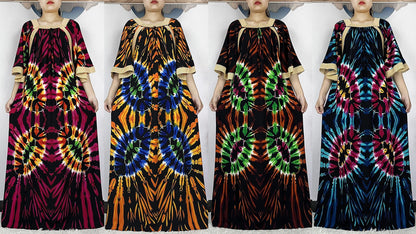 New Muslim Dress Woman Short Sleeve Dashiki African Abaya Tie-dyed Printing Cotton Loose Femme Robe Islamic Dresses With Scarf.