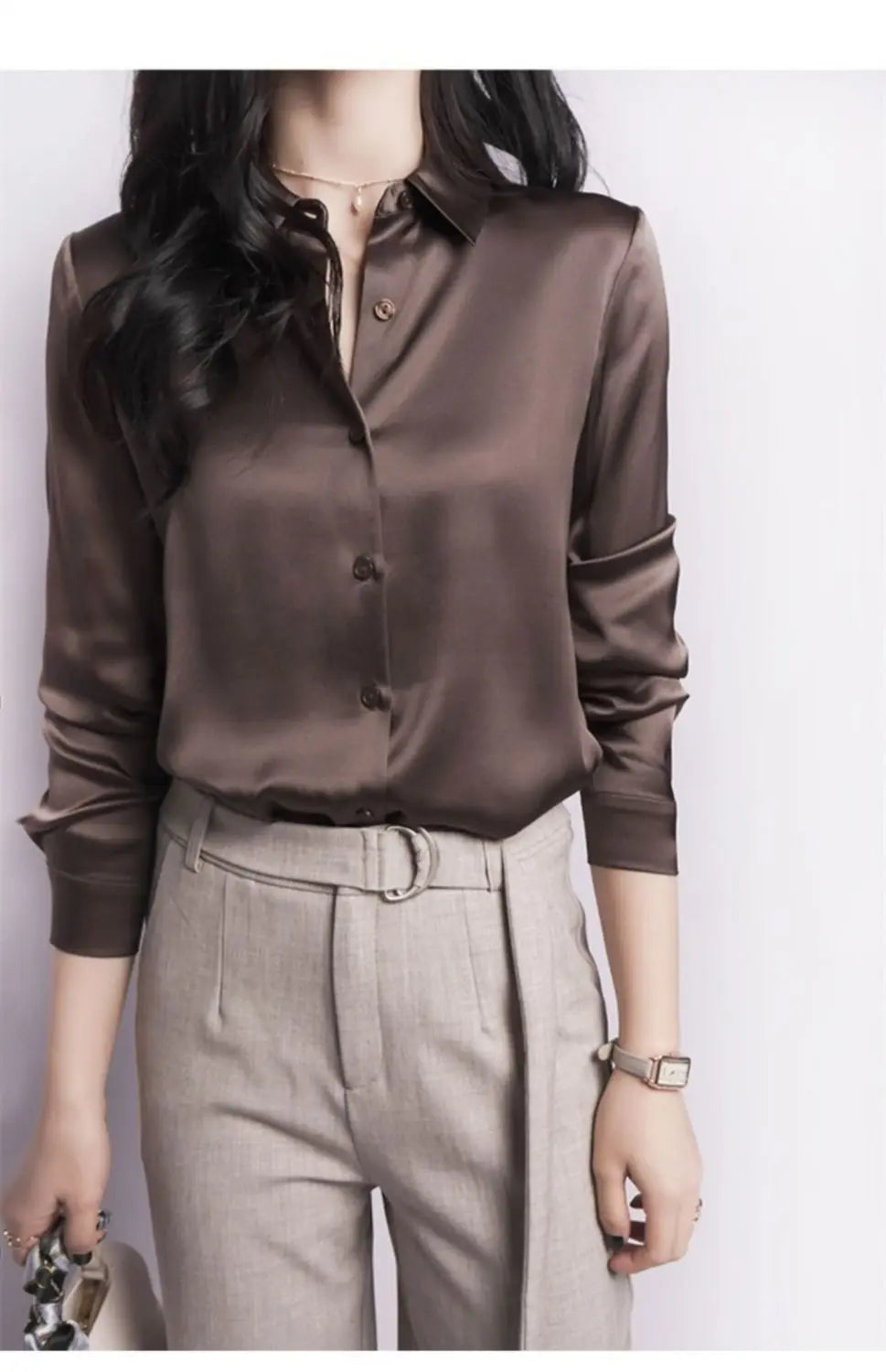 Spring Summer Casual Women's Satin Shirt Lapel Long Sleeve Blouse Loose Solid Color Office Lady Fashion Shirts Top.