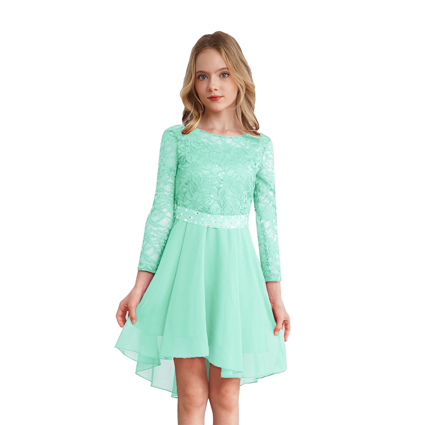 Elegantes Spitzen-Partykleid für Kinder, Mädchen, Chiffon, Spleißen, langärmelig, Kleid mit hohem und niedrigem Saum und Strass-Schärpe für Hochzeit, Geburtstag.