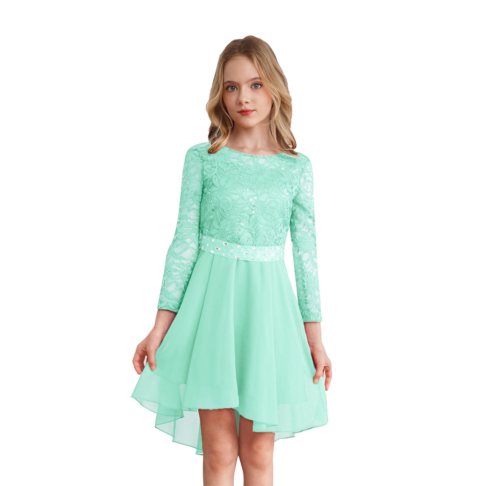 Elegantes Spitzen-Partykleid für Kinder, Mädchen, Chiffon, Spleißen, langärmelig, Kleid mit hohem und niedrigem Saum und Strass-Schärpe für Hochzeit, Geburtstag.