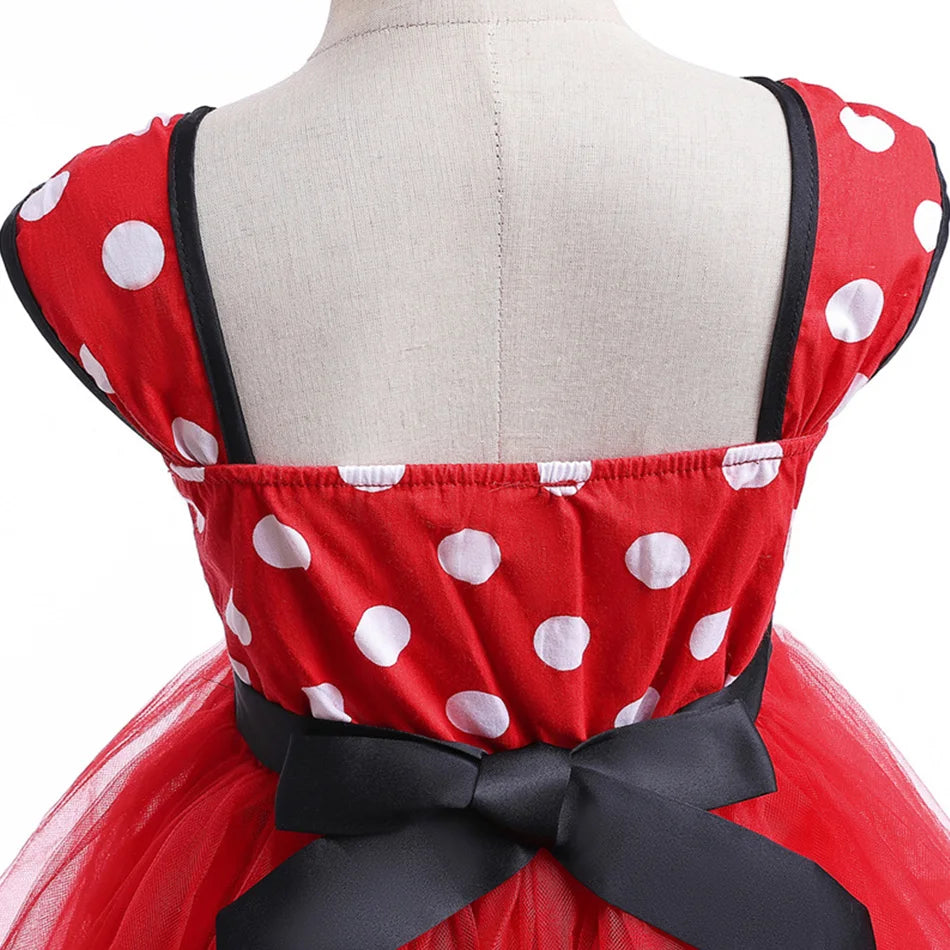 Disney Minnie Maus Polka Dot Kleid Mädchen Rosa Rot Sommer Kleidung Kinder Geburtstag Karneval Weihnachten Party Bogen Mesh Kleid Kostüme.