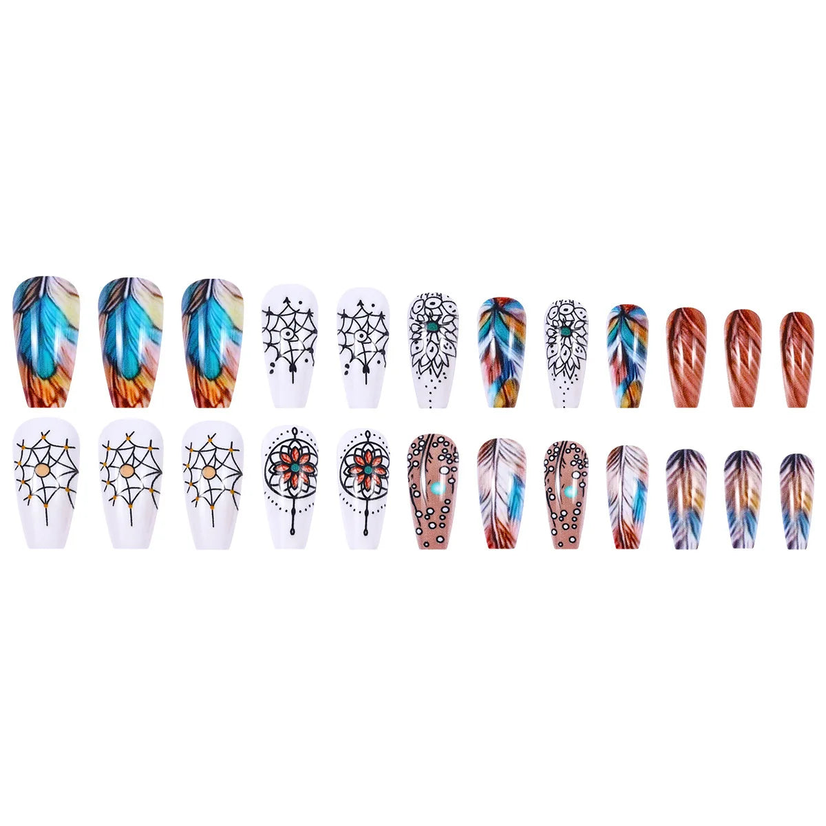 24pcs/set Medium long square fake nails for women girls cute heart flowers feather butterfly design press on false nail art tips