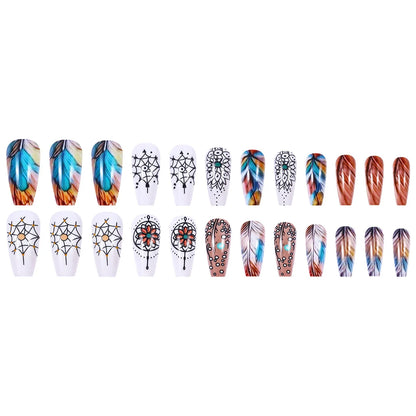 24pcs/set Medium long square fake nails for women girls cute heart flowers feather butterfly design press on false nail art tips