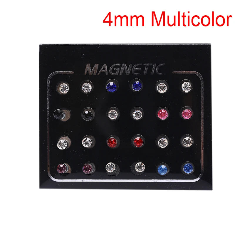 12 Pair(24pcs)/lot 3/4/5/6/7mm Round Crystal Rhinestone Magnet Stud Earring Punk Womens Mens Magnetic Fake Ear Plug Jewelry.