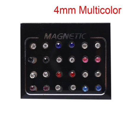 12 Pair(24pcs)/lot 3/4/5/6/7mm Round Crystal Rhinestone Magnet Stud Earring Punk Womens Mens Magnetic Fake Ear Plug Jewelry.