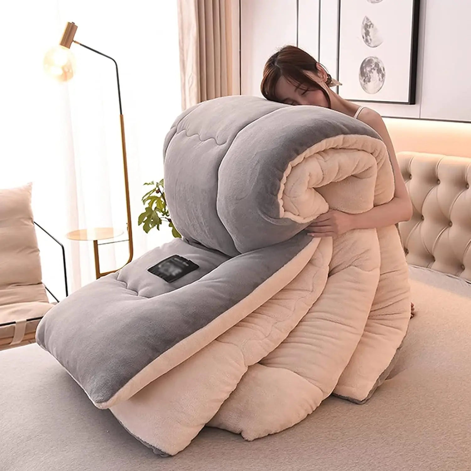 Contemporary Style Reversible Sherpa Fleece Winter Comforter, Soft Breathable Plush Warm Bedding, 100% Polyester Fill & Cover.
