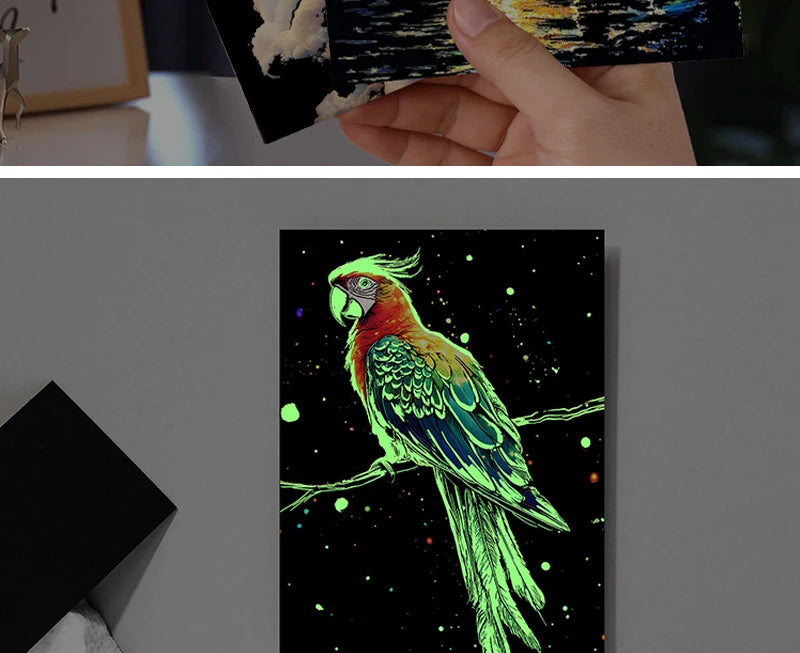4PCS Glow in Dark Scratch Paper Animals Cards Magic Painting Art with Stylus Stress Relief Drawing Toy DIY Craft Kids Adult Gift.