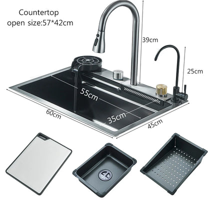 Wasserfall-Küchenspüle aus Edelstahl 304, groß, Einzelschlitz, integriert, 60 x 45 cm, Wasserhahn-Set, Tassenwascher, 3-Wege-ausziehbarer Sprühkopf
