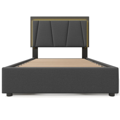 KOMHTOM Polsterbett Einzelbett 90x200 cm, LED-Beleuchtung, 2 Schubladen, höhenverstellbares Kopfteil, ohne Matratze