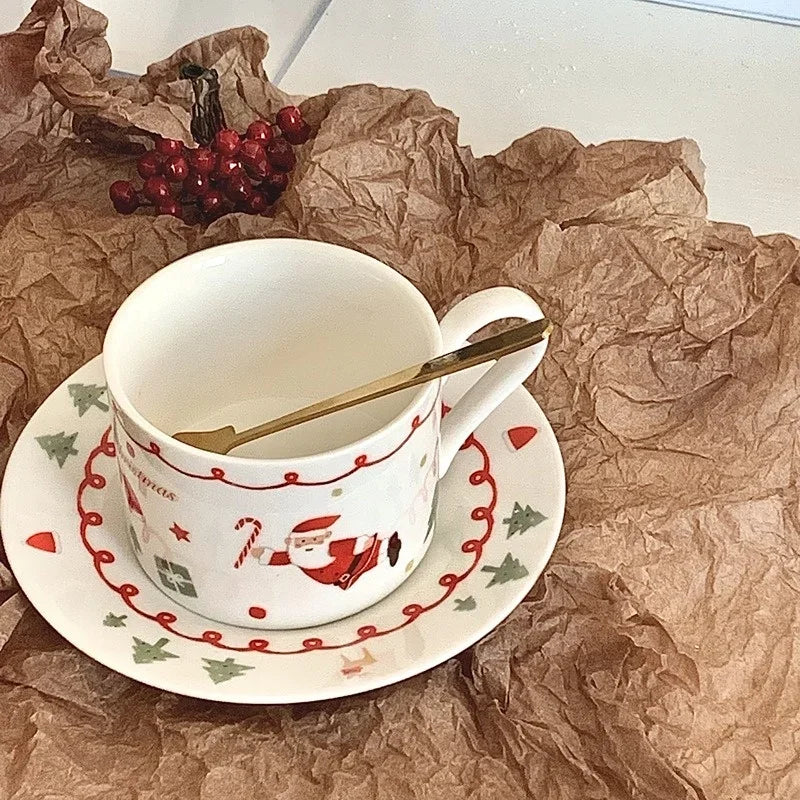 Santa Claus Ceramic Coffee Cup and Saucer Suit Hand-painted Christmas Plate Home Breakfast Milk Juice Cup Fruit Dessert Plate.