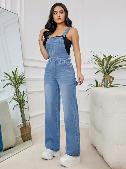 Hot Sale Womens Denim Bib Jumpsuits Casual Sleeveless Adjustable Straps Loose Baggy Cargo Jean Overalls Y2K Jumpers With Pockets.
