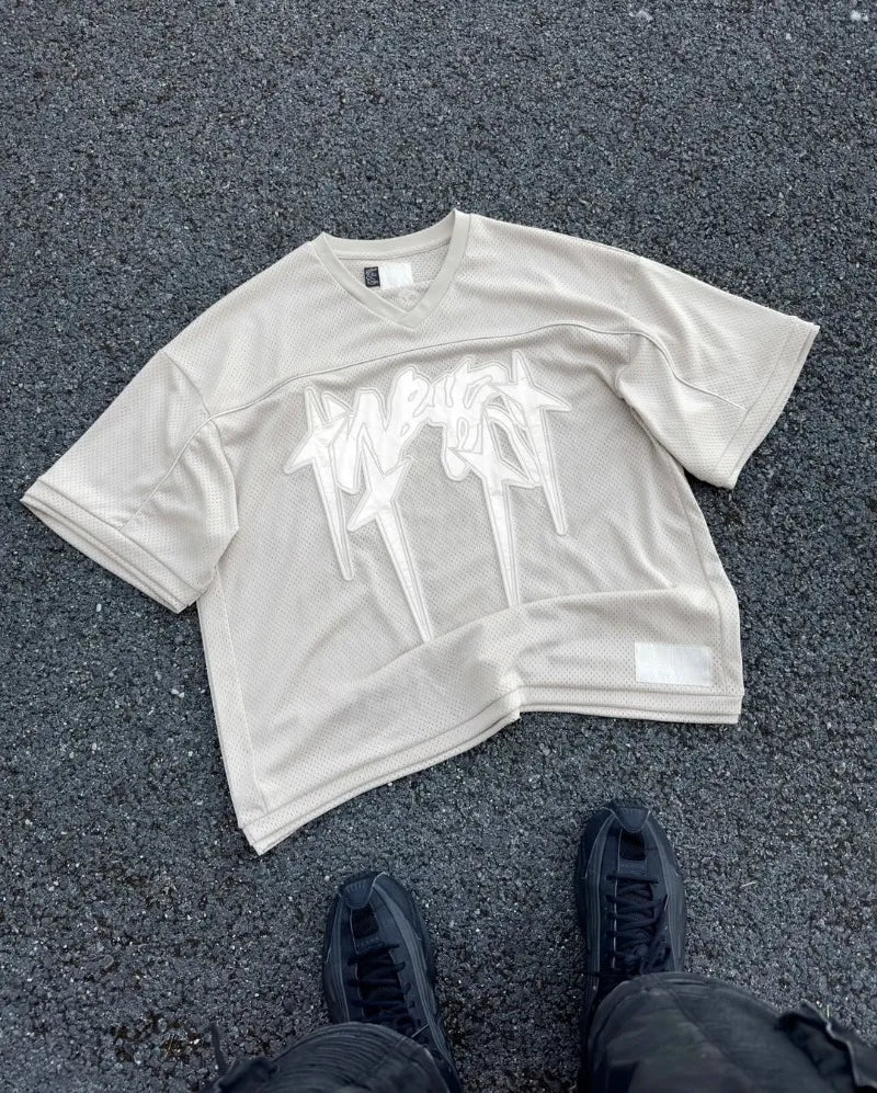 American fashion trend Gothic letter embroidery pattern oversized T-shirt men's retro loose fitting pullover short sleeved shirt.