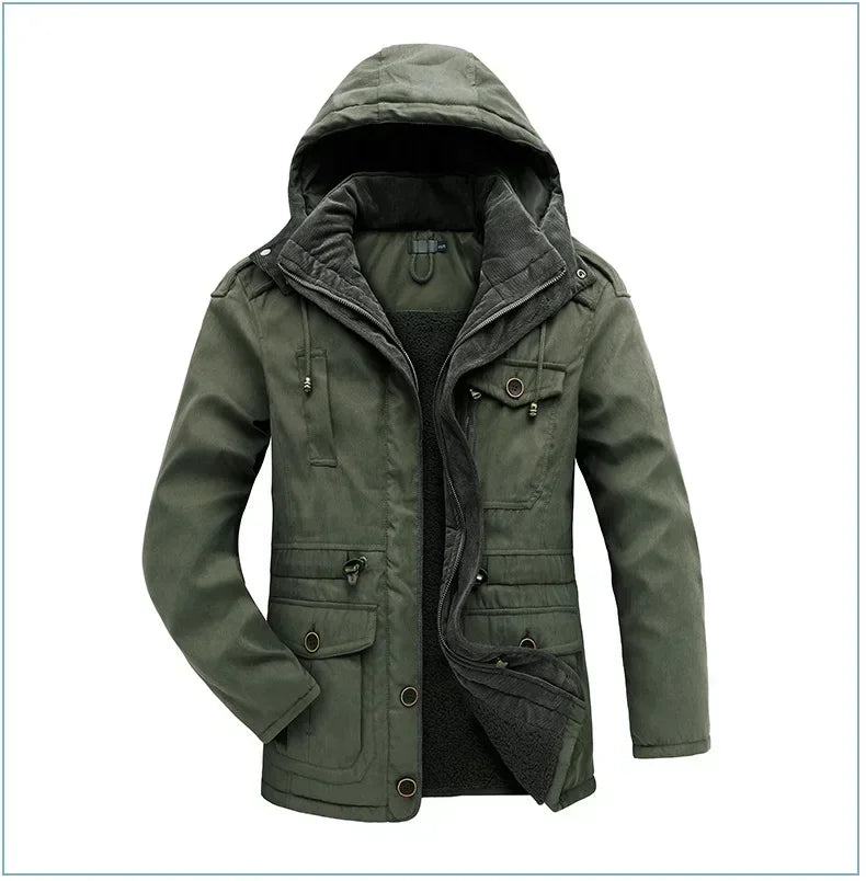 Men's Jacket WINTER USA SIZE Large SIZE Lamb Fleece JACKETS Hooded Cotton Thickened Multi Pocket Casual Mid length Coat.