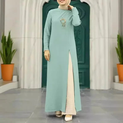 Muslim Women's Long Sleeve Crepe High Split Hem Dress.