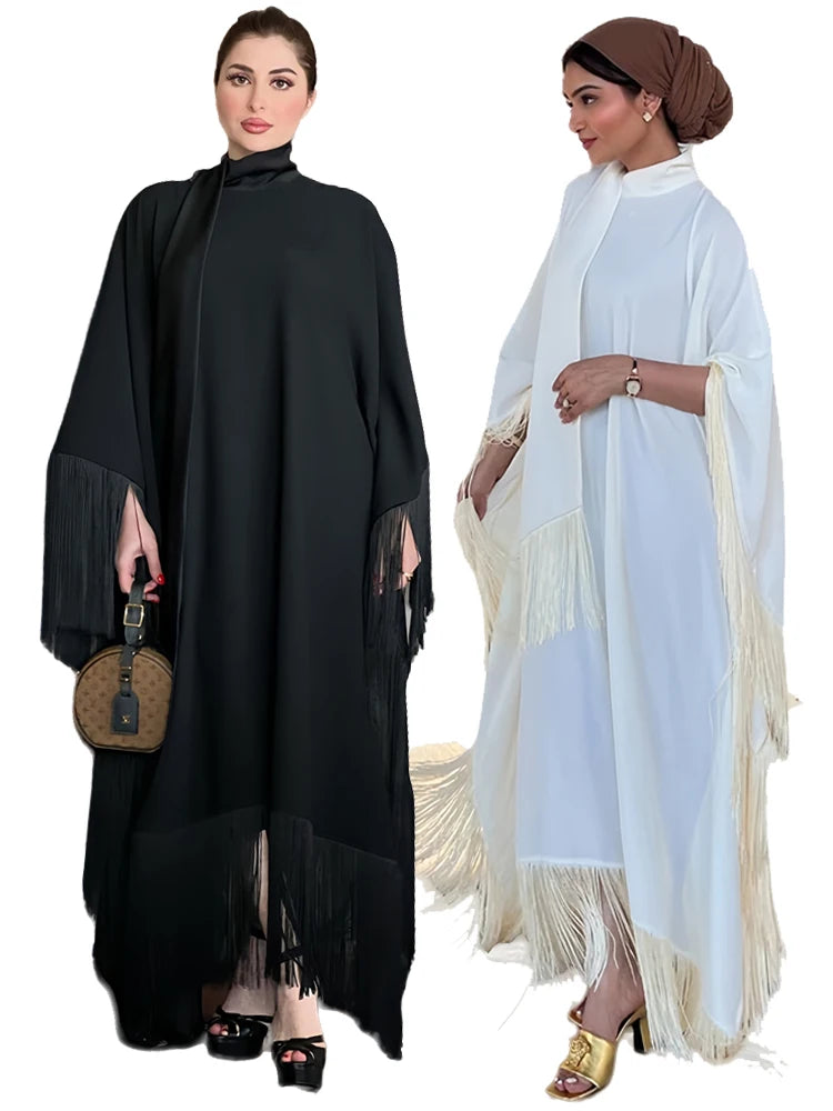 Eid Satin Luxury Green White Black Pink Khimar Tassel Butterfly Batwing Abaya For Women Islam Muslim Maxi Dress Kaftan Kebaya.