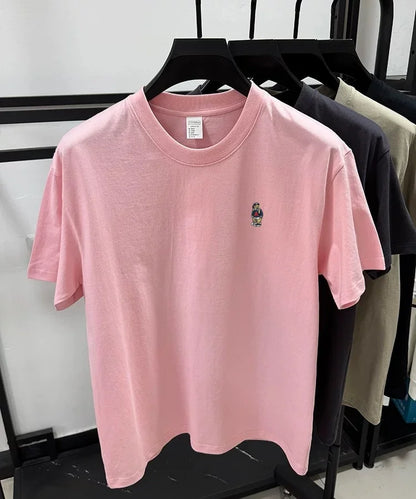 Light luxury 100% cotton men's T-shirt short sleeve round neck skin friendly comfort fashion brand cartoon bear embroidered top.