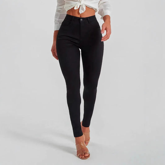 Women's Mid-Waist Slim Fit Black Denim Pants Elastic Casual Style Comfortable Cotton Long Trousers Versatile All-Season Jeans.