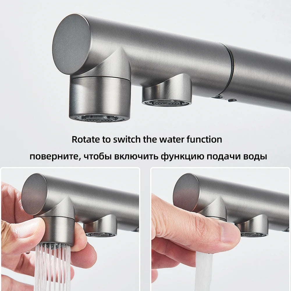 Filtered Kitchen Sink Faucet Pull Out Spray 360 Rotation Water Filter Tap Dual Sprayer Drinking Water Tap Vessel Sink Mixer