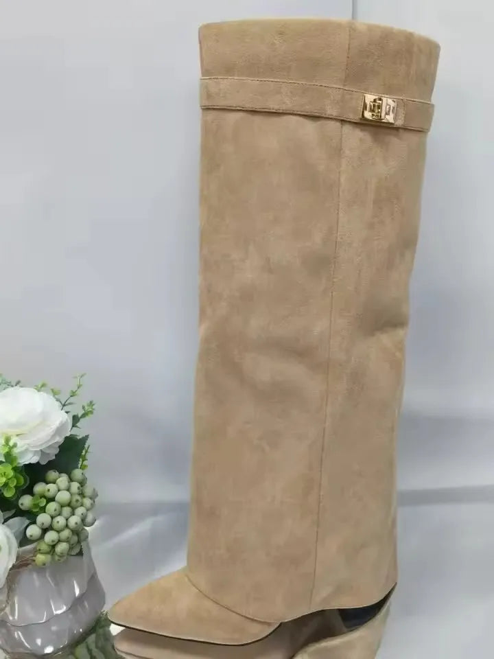 2025 Autumn And Winter Women's Pointed Toe Crude Heel Knee High Boots Female Metal Decor Pants Boots High Quality Woman Shoes.