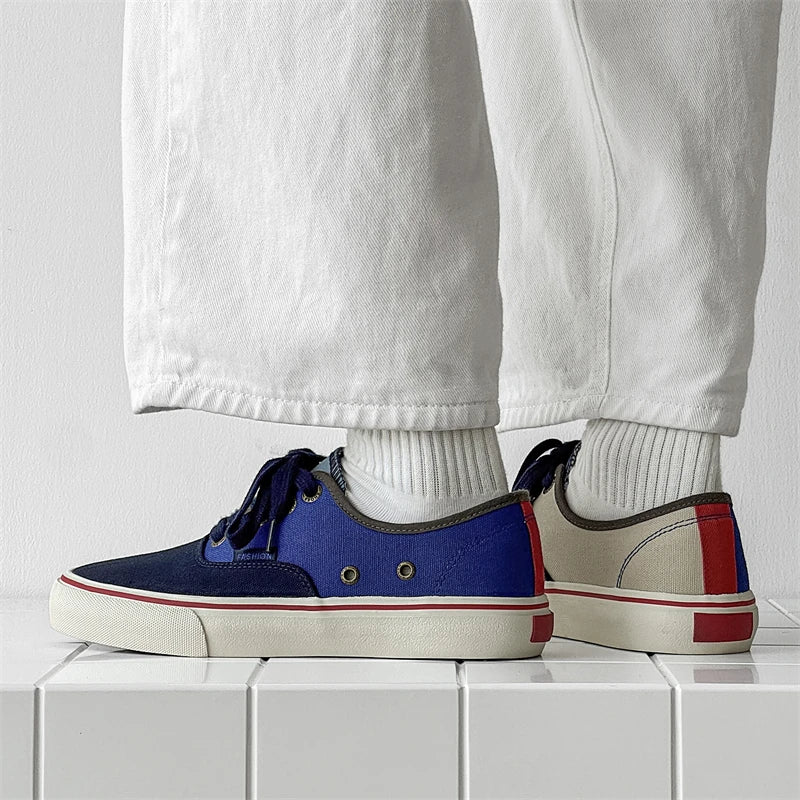 Boys' Casual Canvas Skateboard Shoes with Patchwork Low Cut Shoes Men's Minimalist Fashion Sneakers Trendy Lace Up Flat Bottom.