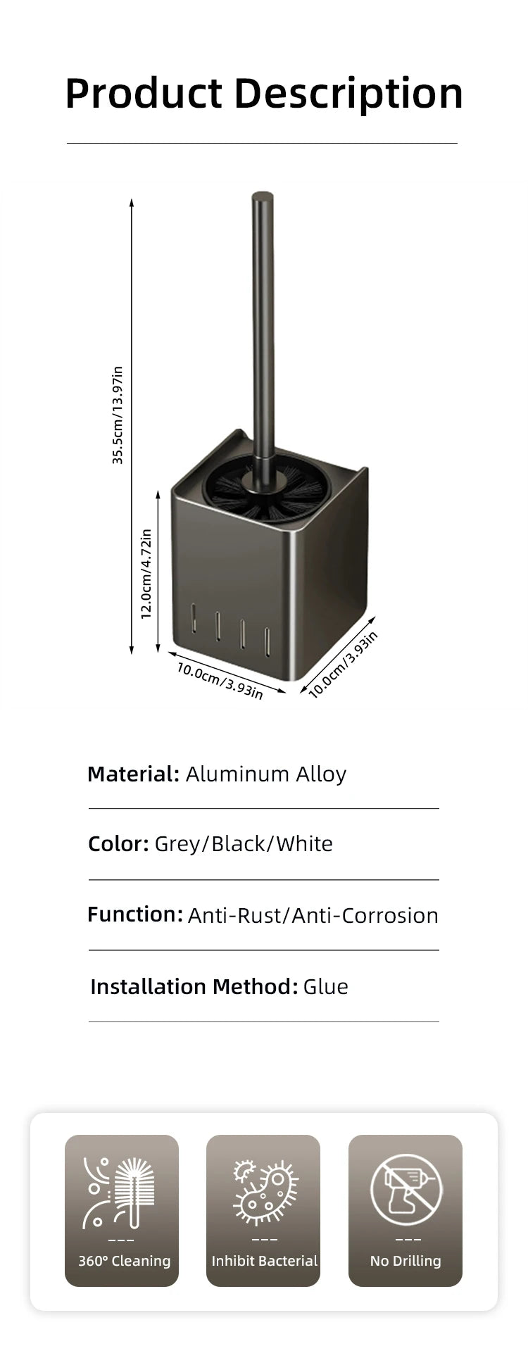 Badezimmer  Toilettenbürstenhalter  Reinigungswerkzeuge  Weltraumaluminium  An der Wand montiert  Kein Bohrer  Vertikal  Klobürste  Badezimmerzubehör