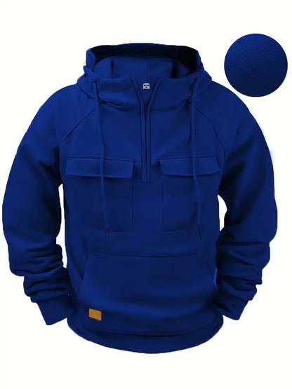 2025 New Autumn Winter Men's Hooded Solid-color Casual Hoodie Fashionable Young Man's Multi-Pocket Patch Hoodie Pullover Shirt.