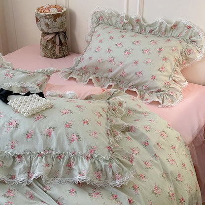 Korean Princess Style Ruffles Flower Print Bedding Set Duvet Cover Set Bed Skirt Bedspread Pillowcases 100% Cotton Home Textile.