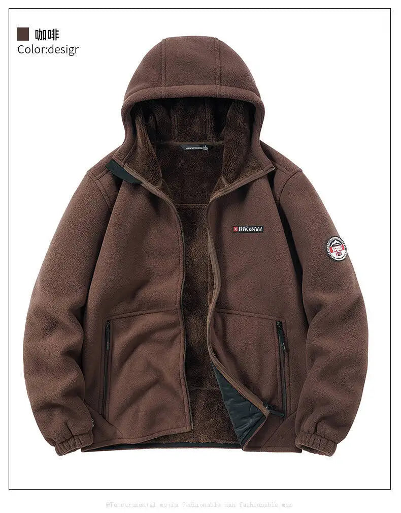 Men's Outdoor Sport Hooded Sweatshirt Jacket Warm Fleece Liner Windproof Softshell Inner Polar Fleece Coat with Zipper & Pockets.