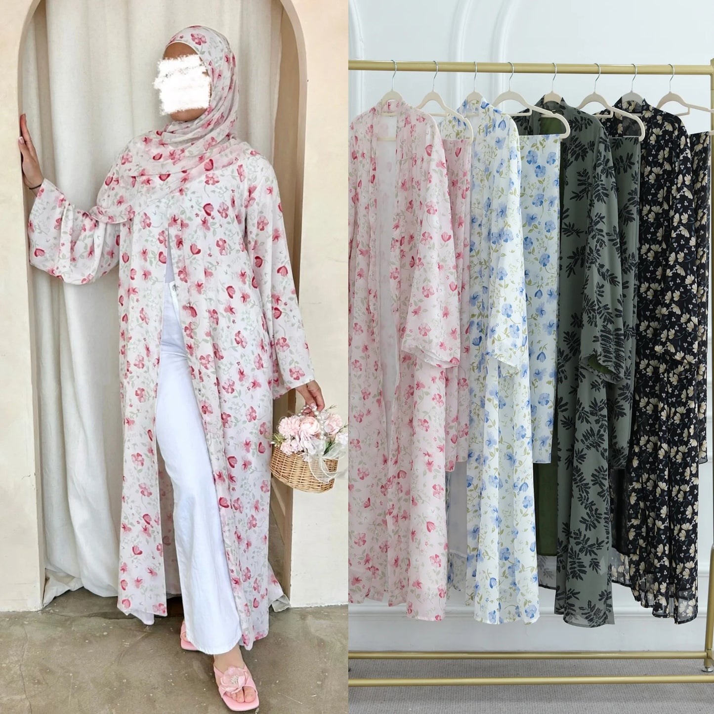 Muslim Abaya Set Luxury EID Islamic Kimono Muslim Women Dress Floral Printed Chiffon Modest Gorgeous Dubai Abaya Dress Suit.