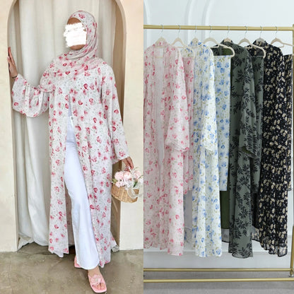 Muslim Abaya Set Luxury EID Islamic Kimono Muslim Women Dress Floral Printed Chiffon Modest Gorgeous Dubai Abaya Dress Suit.