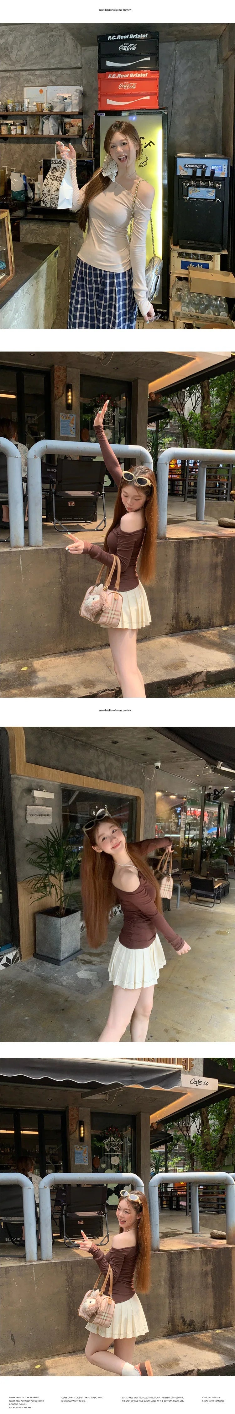 Spicy Girl Diagonal Shoulder Long Sleeve Women's T-shirt Base Layer Shirt Waist Inward Design Polo Collar Top.