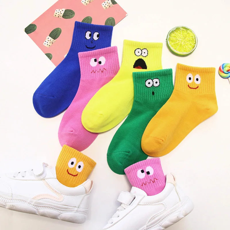 5 Pairs Kids Socks Cute Funny Face Emoticons Pattern Comfortable Breathable Boys Girls Socks.
