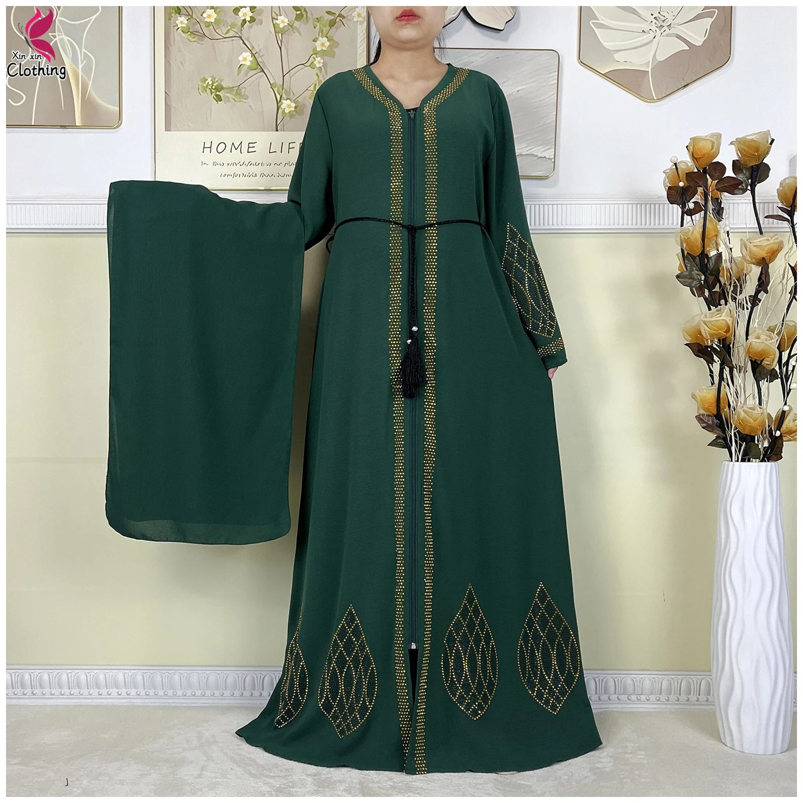 New Dubai Women Elegant Dress Diamonds Chiffon Open Abaya with Zipper Islamic Turkey Clothing Women Muslim Party Evening Dress.