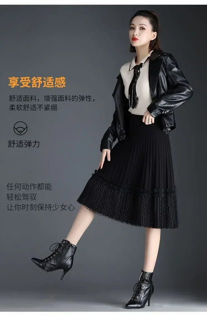 Korean Fashion Autumn Winter Women Solid Elastic High Waist Lace Patchwork Simplicity Mid-length A-line Pleated Knitted Skirt.
