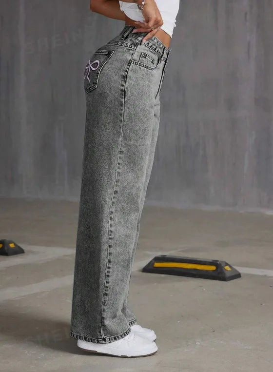 Women Wide Leg Boyfriend Jeans Straight Hip Hop Bow Embroidery Denim Pants Low Waist Baggy Jeans Casual Loose Jeans Streetwear.