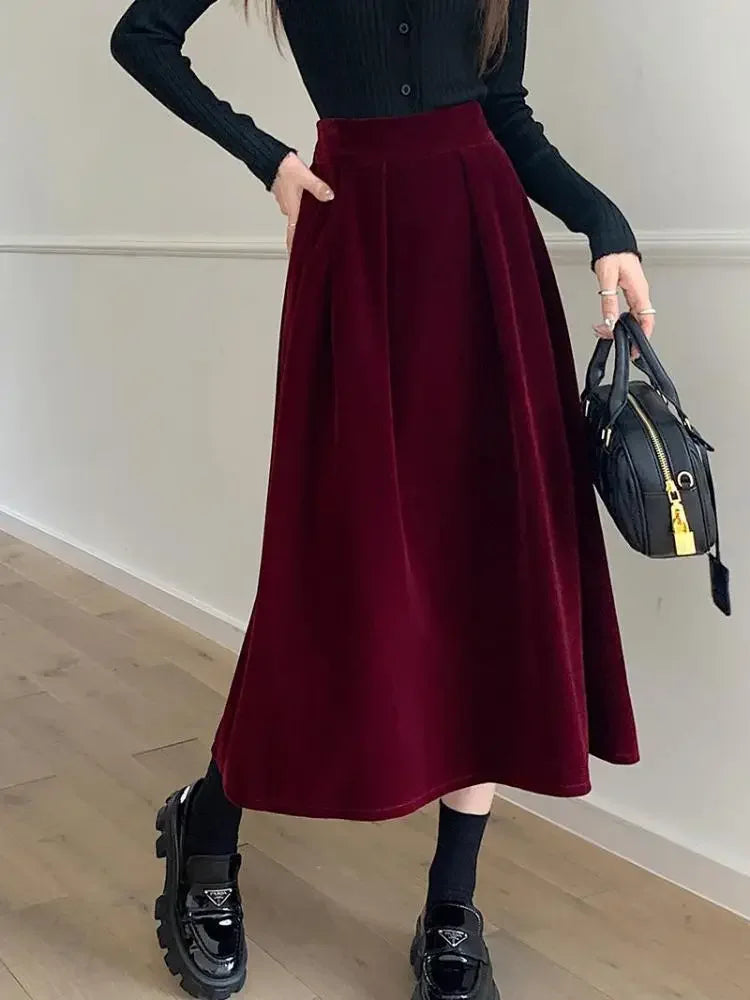 Autumn Winter Warm Vintage Red Elegant Velvet A-line Skirt For Women 2024 High Waist Casual Black Party Pleated Big Swing Skirts.