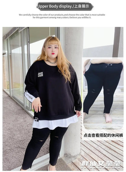 Frühling Herbst Neue Koreanische Mode Zwei Gefälschte Stücke Plus Größe Sweatshirt Frauen Brief Patchwork Casual Dame Tops Übergroße Kleidung.