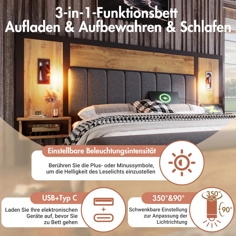 Bett mit gepolstertem Bettsystem mit Leselampe und USB-C-Nachttisch und Sitzbank mit Stauraum (ohne Matratze)