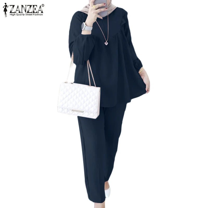 ZANZEA Women Elastic Waist Trouser 2pcs Tracksuit Muslim Fashion Long Sleeve Ruffles Tops Turkey Pant Sets Elegant Matching Sets